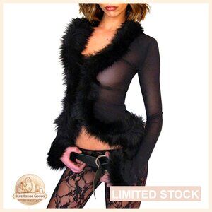 Sheer Mesh Crop Top Faux Fur Trim V Neck Cardigan Y2K Clubwear Long Sleeve